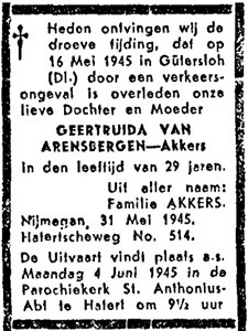 Overlijdensbericht G. van Arensbergen-Akkers